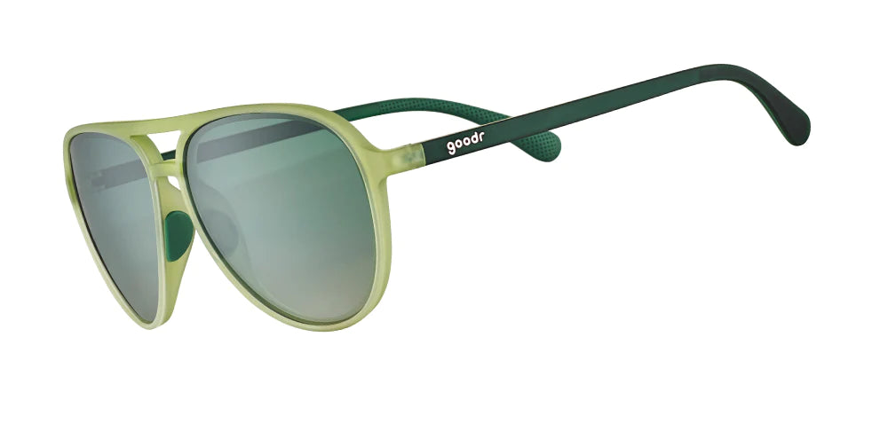 goodr mach g sunglasses. Green. Front/Lateral view.