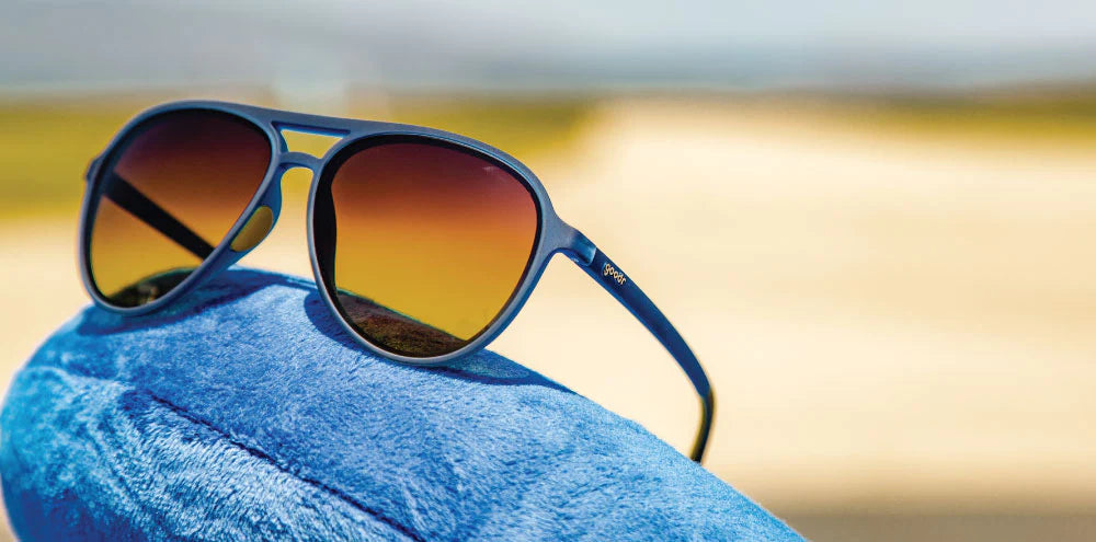 goodr mach g sunglasses. Blue. Front/Lateral view.