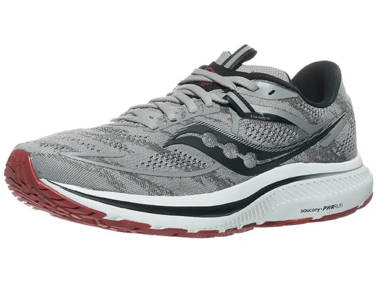 Men's Saucony Omni 21. Grey upper. White midsole. Lateral view.