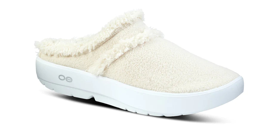 Oofos OOcoozie Mule. Off White upper. White midsole. Lateral view.