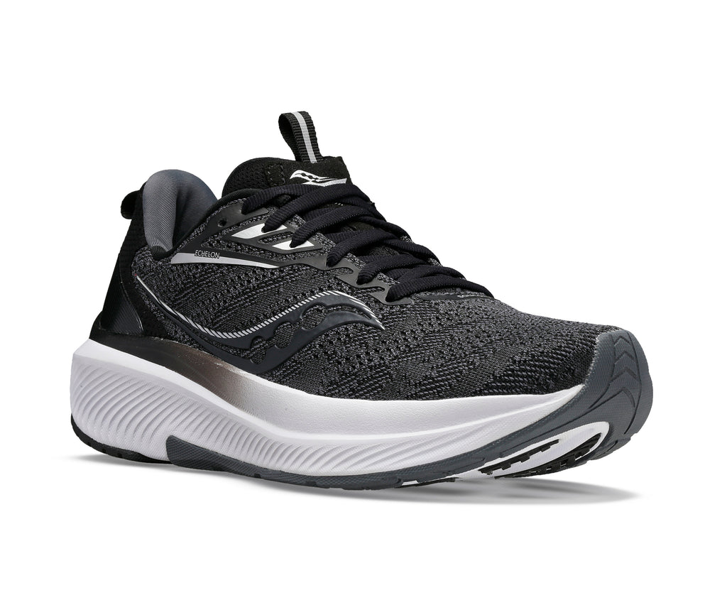 Men's Saucony Echelon 9. Black upper. White midsole. Lateral view.