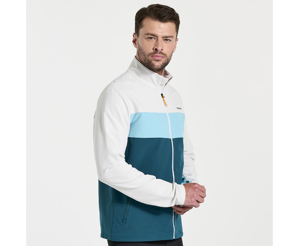 Men's Saucony Bluster Jacket. White/Green. Front view.