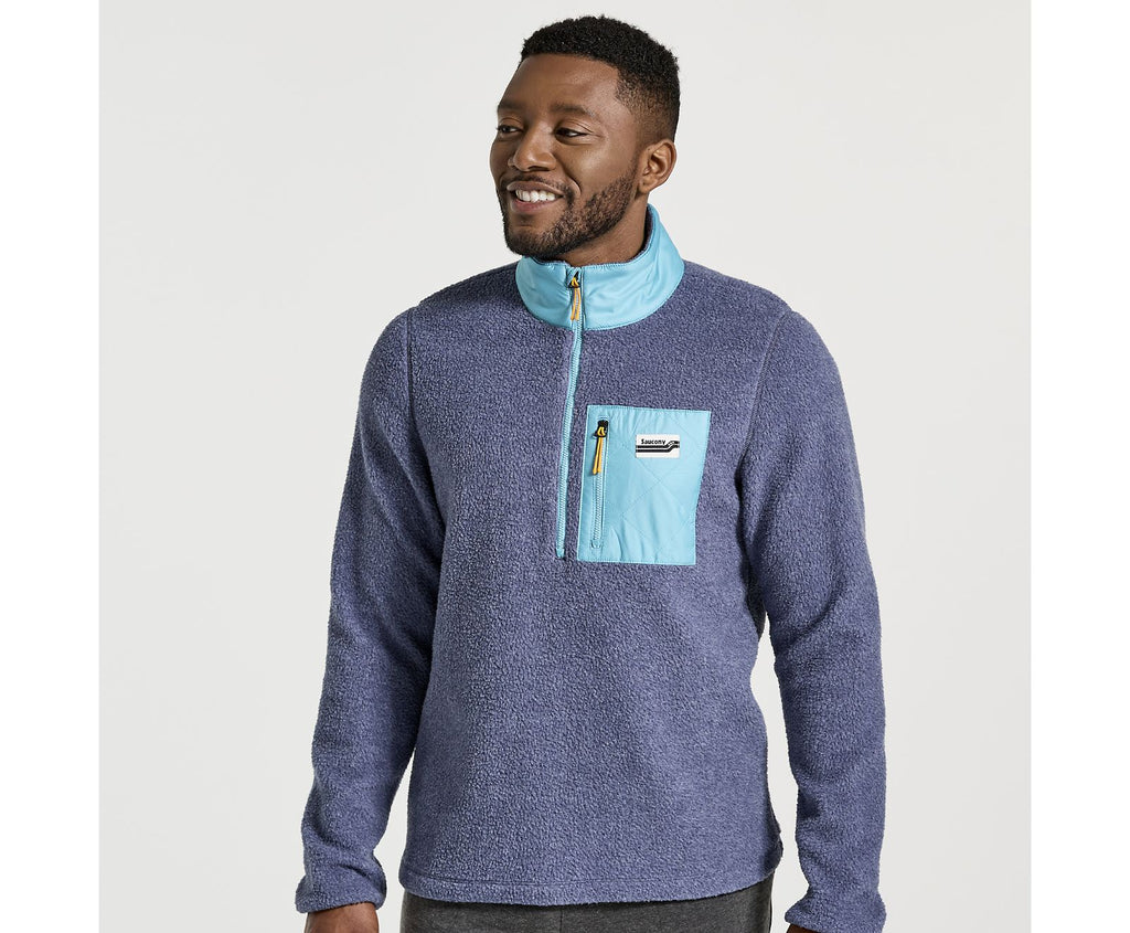 Men's Saucony Rested Sherpa 1/4 Zip. Grey/Blue. Front view.