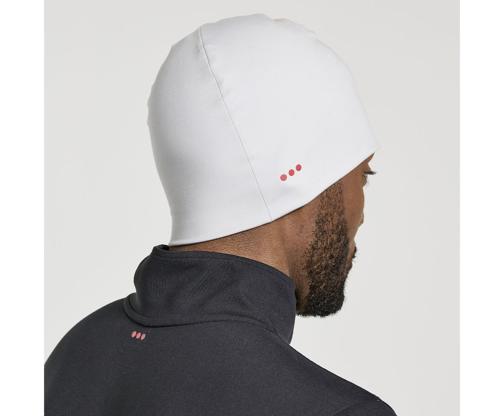 Unisex Saucony Solstice Beanie. White. Rear/Lateral view.