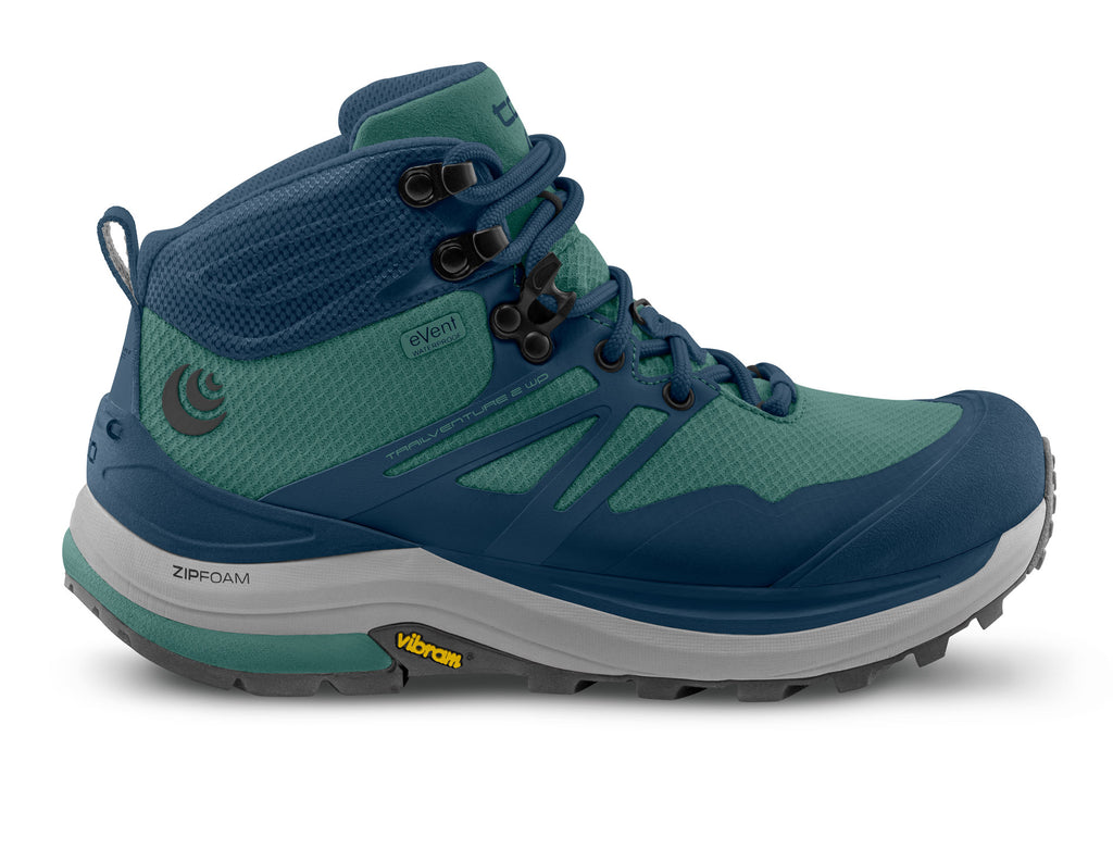Women's Topo Athletic Trailventure 2 WP. Blue/green upper. Grey midsole. Lateral view.