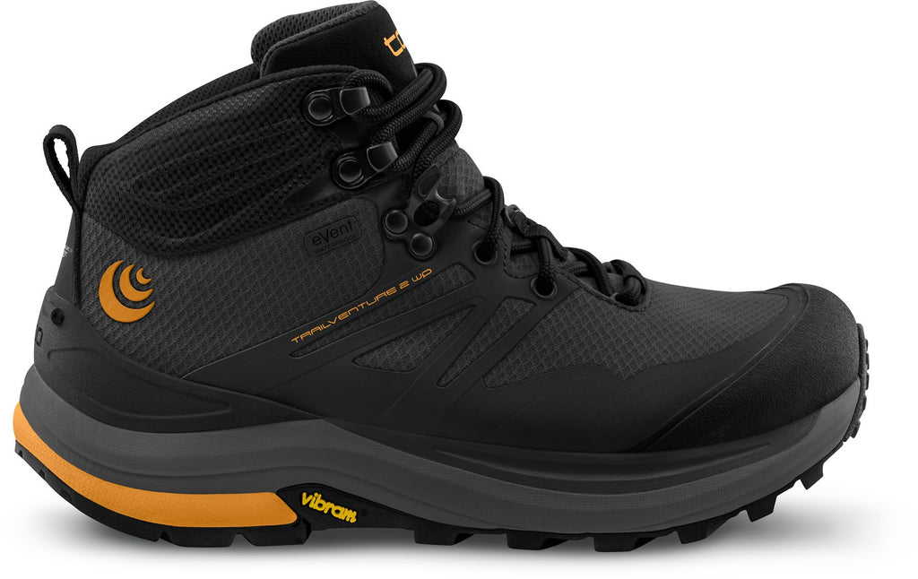 Men's Topo Athletic Trailventure 2 WP. Black upper. Grey midsole. Lateral view.