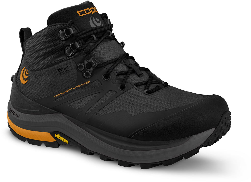 Men's Topo Athletic Trailventure 2 WP. Black upper. Grey midsole. Lateral view.