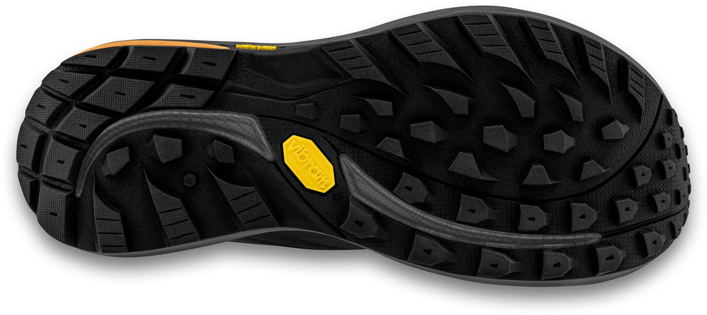 Men's Topo Athletic Trailventure 2 WP. Black upper. Grey midsole. Bottom view.