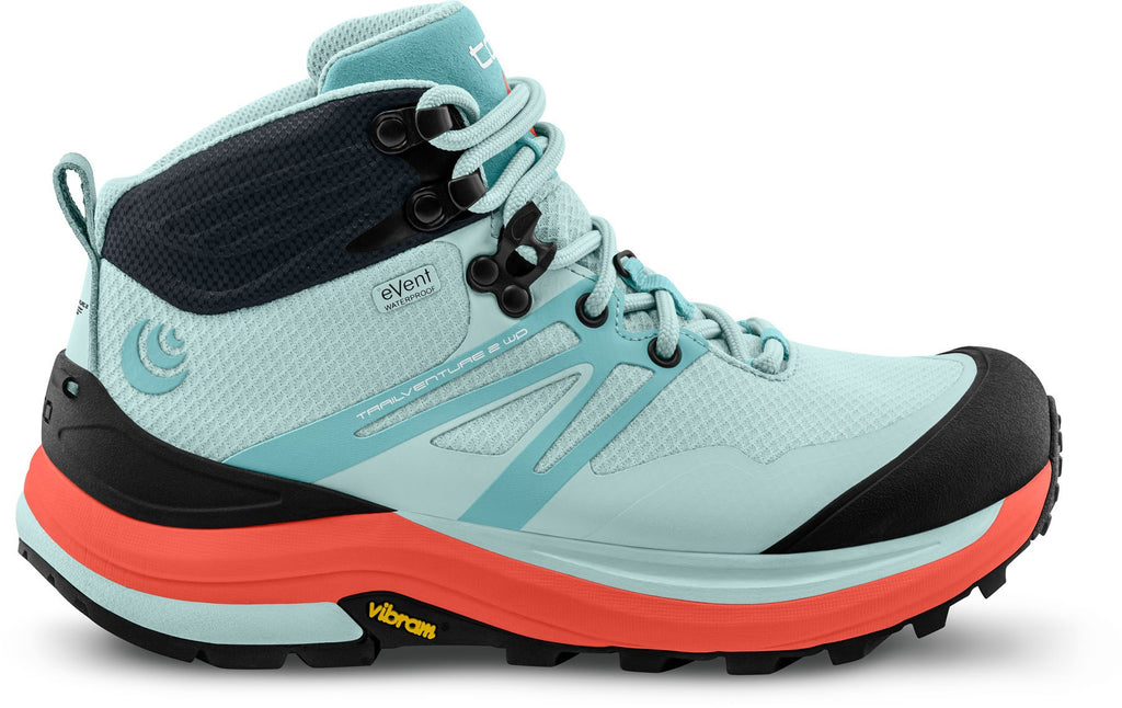 Women's Topo Athletic Trailventure 2 WP. Light blue upper. Orange midsole. Lateral view.