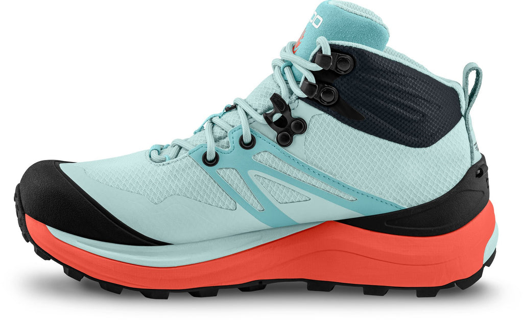 Women's Topo Athletic Trailventure 2 WP. Light blue upper. Orange midsole. Medial view.