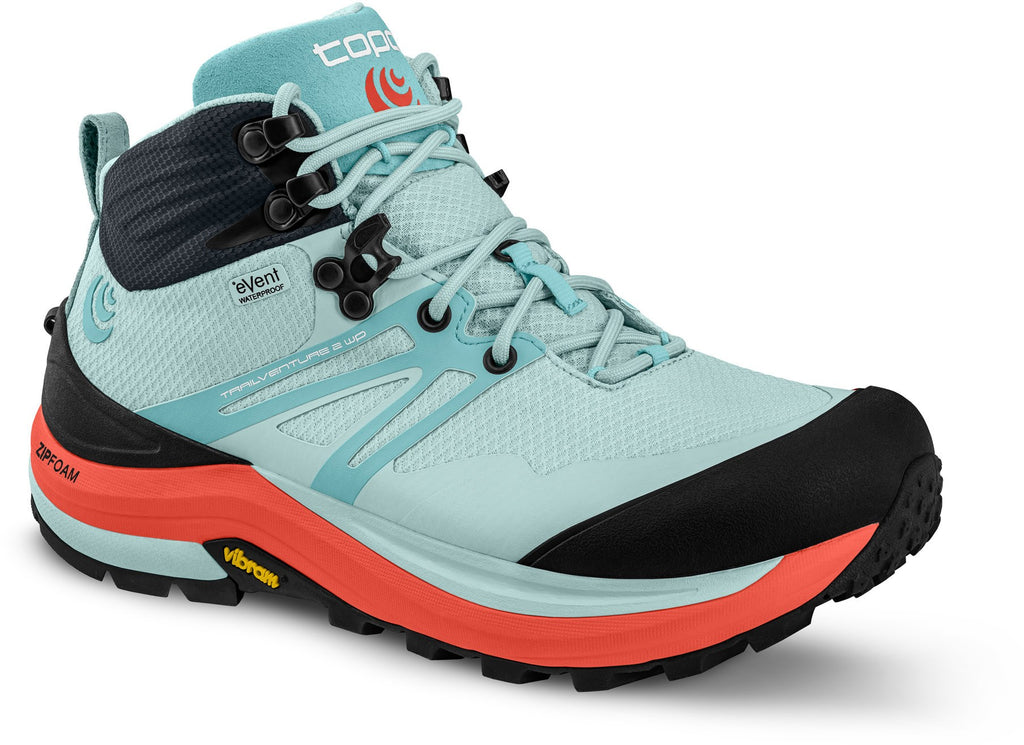 Women's Topo Athletic Trailventure 2 WP. Light blue upper. Orange midsole. Lateral view.