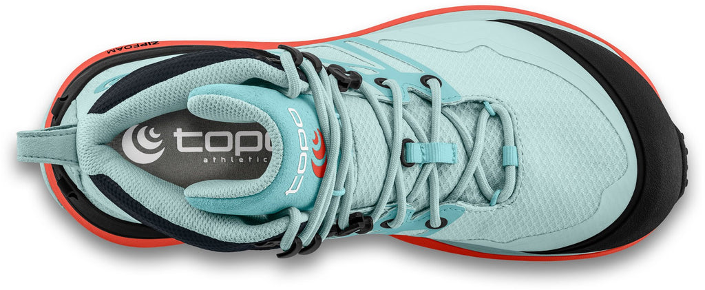 Women's Topo Athletic Trailventure 2 WP. Light blue upper. Orange midsole. Top view.