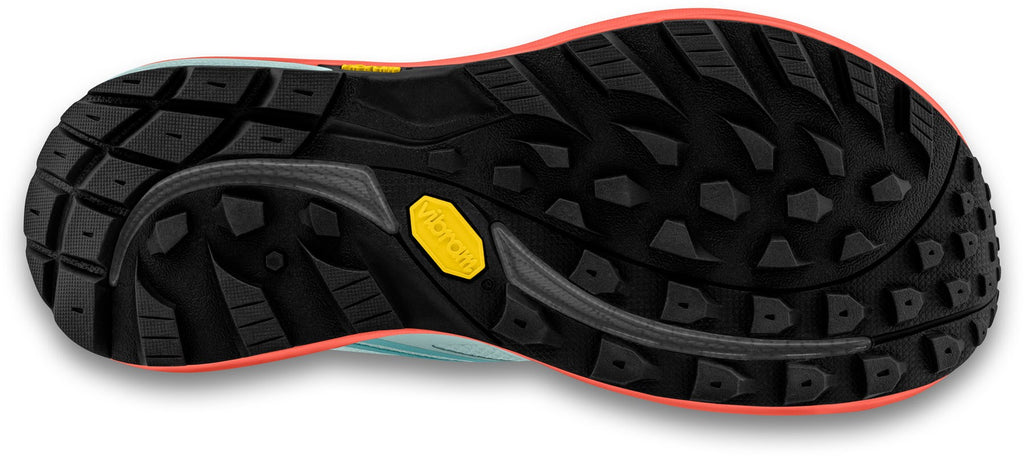 Women's Topo Athletic Trailventure 2 WP. Light blue upper. Orange midsole. Bottom view.