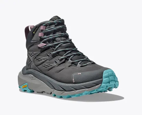 Women's Hoka Kaha 2 GTX. Dark grey upper. Dark grey/grey midsole. Lateral view.