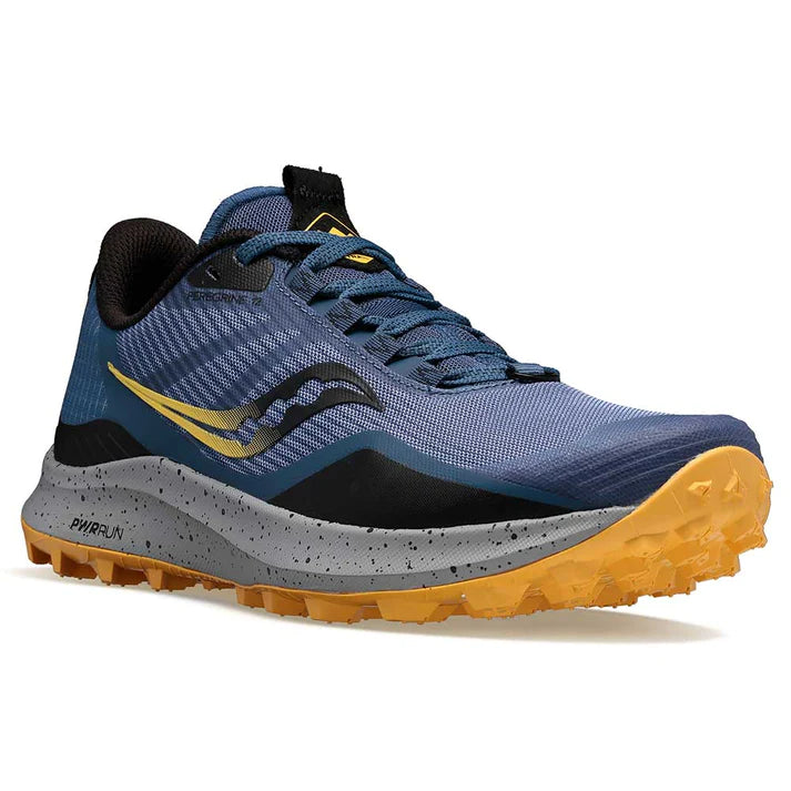 Women's Saucony Peregrine 12. Dark Blue upper. Grey midsole. Lateral view.