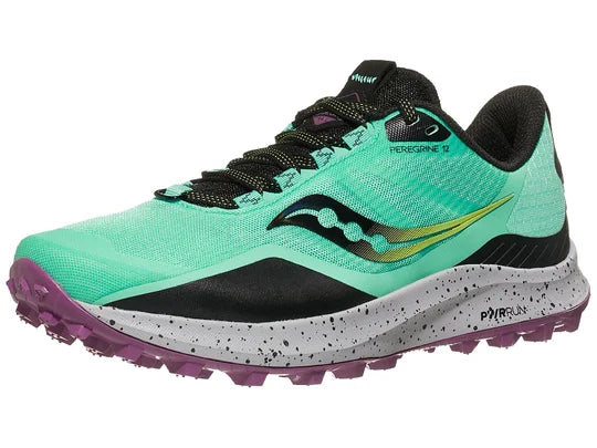 Women's Saucony Peregrine 12. Green upper. Grey midsole. Lateral view.